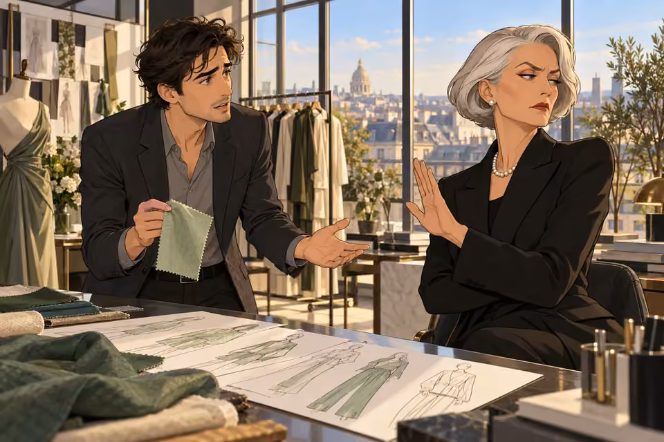Cartoon illustration of julian presents his sustainable fabric idea while Isabelle dismisses his proposal.