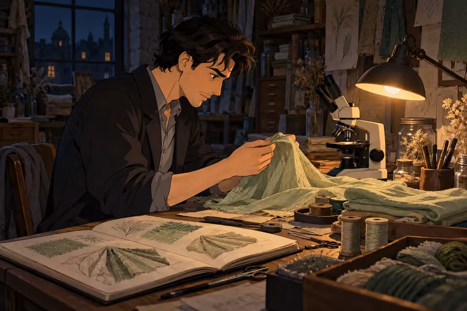Cartoon illustration of julian secretly studies a fabric prototype at a lamplit textile laboratory worktable.