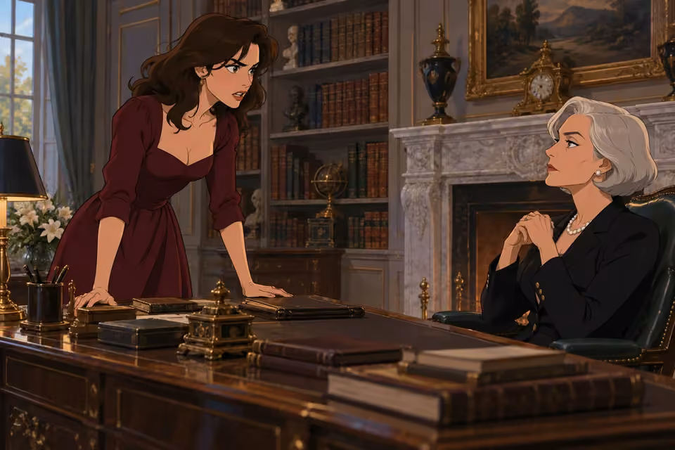 Cartoon illustration of an angry Celeste confronts a composed Isabelle across a desk in the mansion study.