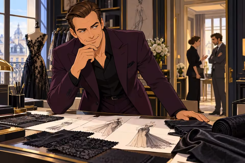 Cartoon illustration of thierry regards the fashion studio with a calculating expression while staff talk behind him.