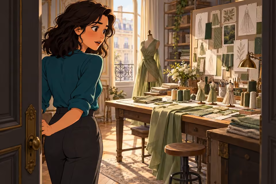 Cartoon illustration of seraphina pauses in the doorway of a hidden laboratory filled with cloth prototypes and sketches.