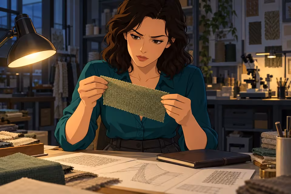 Cartoon illustration of seraphina studies Julian’s sustainable fabric with a troubled, concentrated expression.