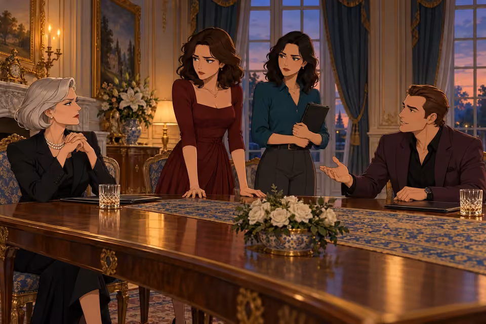 Cartoon illustration of celeste looks toward Isabelle as Thierry speaks and Seraphina stands with her findings.