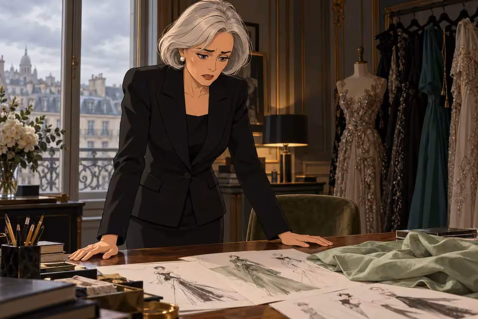 Cartoon illustration of isabelle stares anxiously at a fabric sample in the quiet fashion office.