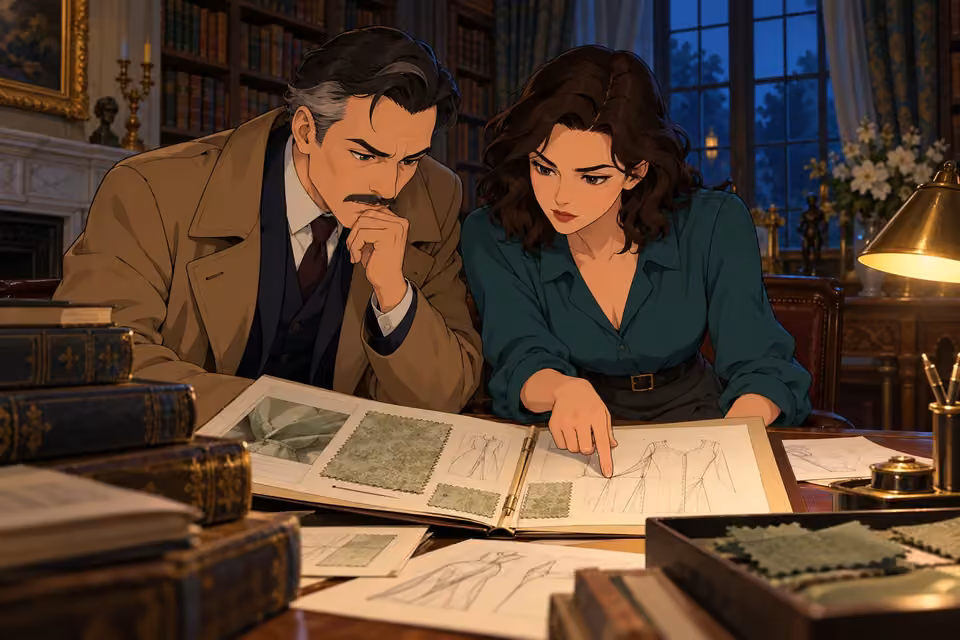 Cartoon illustration of dubois and Seraphina examine documents and fabric samples together at a table.