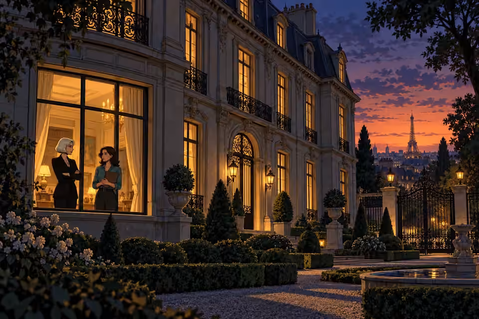 Cartoon illustration of the imposing Laurent mansion at dusk, with Isabelle and Seraphina visible through a lit window.