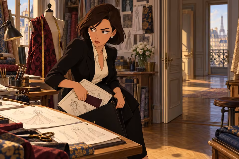 Cartoon illustration of a young Isabelle secretly transfers textile diagrams from a rival designer’s desk to her portfolio.