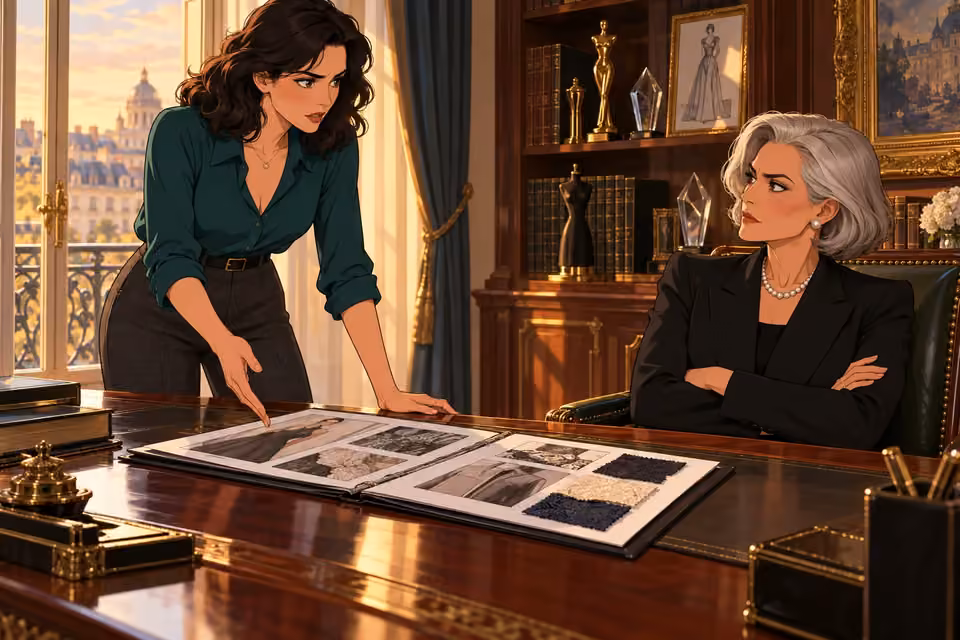 Cartoon illustration of seraphina lays evidence across Isabelle’s desk during a tense confrontation.