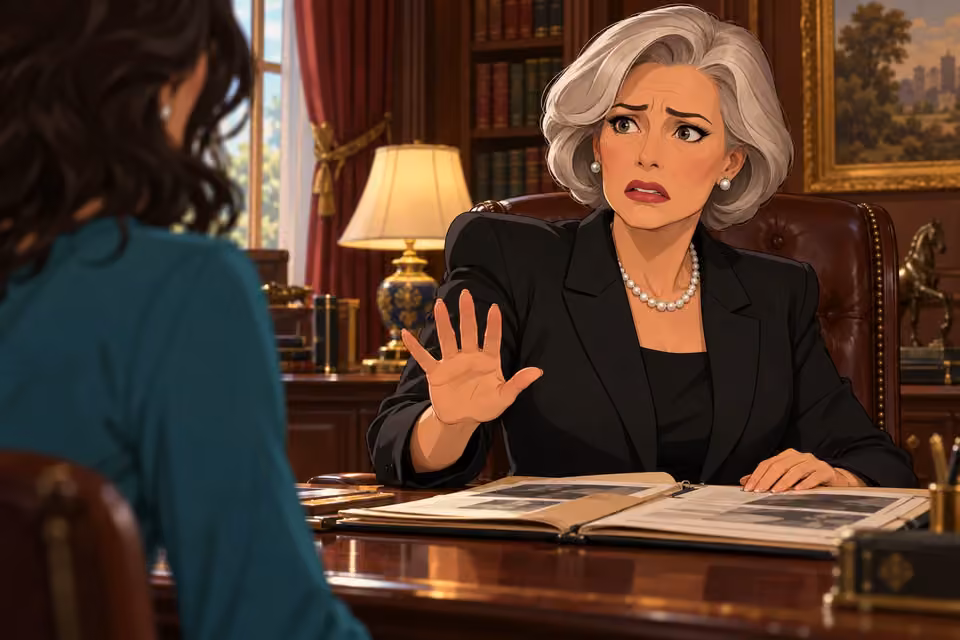 Cartoon illustration of isabelle raises a dismissive hand while fear shows through her composed expression.