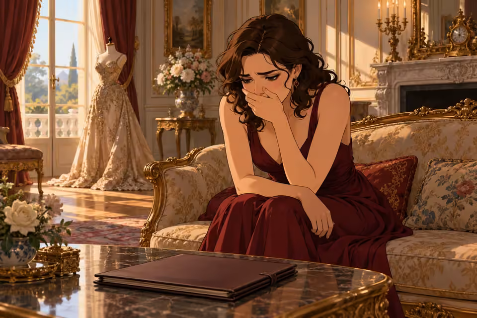 Cartoon illustration of celeste sits devastated beside an evidence folder in the mansion salon.