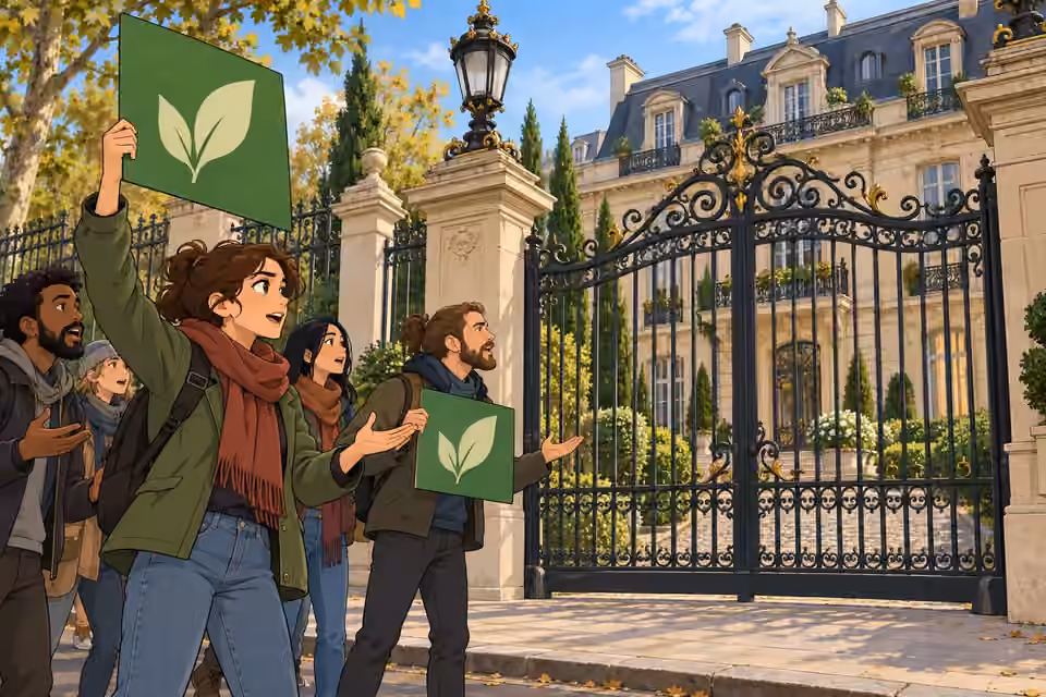 Cartoon illustration of adult eco-activists gather outside the Laurent gates holding signs with simple leaf images.