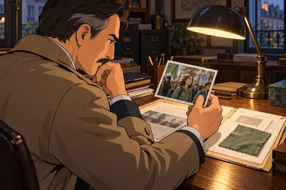 Cartoon illustration of dubois studies a protest photograph alongside the fabric evidence at his desk.