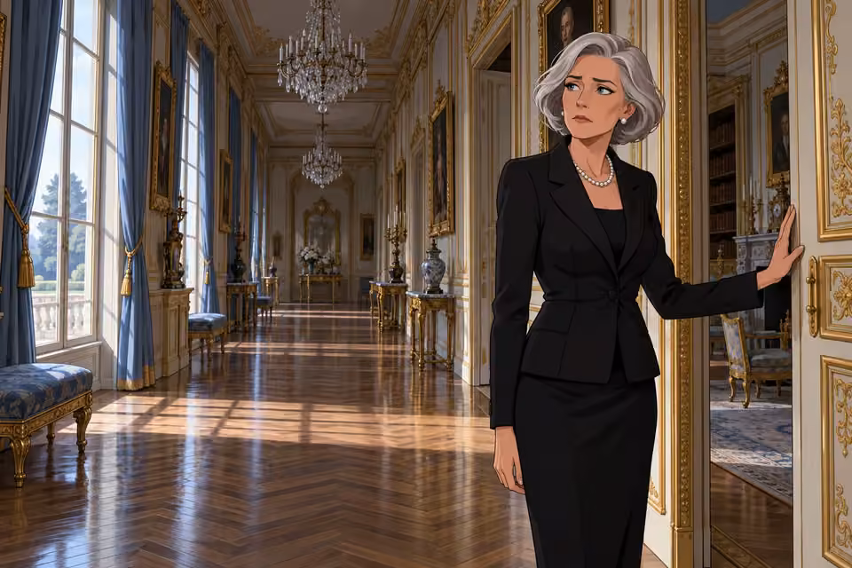 Cartoon illustration of isabelle stands worried and isolated in a long, gilded mansion hallway.