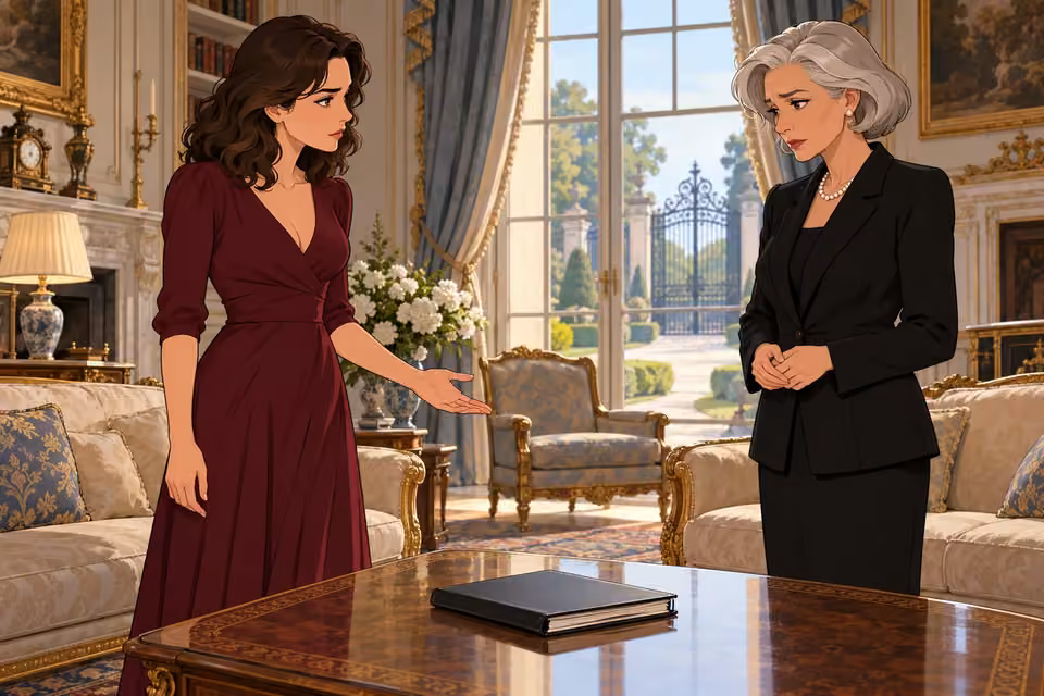 Cartoon illustration of celeste appeals to Isabelle across the salon table as her mother hesitates.