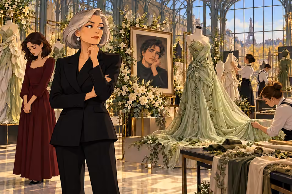 Cartoon illustration of Isabelle overseeing the memorial exhibition for Julian while staff arrange sustainable couture designs.