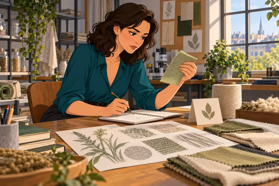 Cartoon illustration of seraphina compares a fabric swatch with diagrams and an eco-activist leaflet.