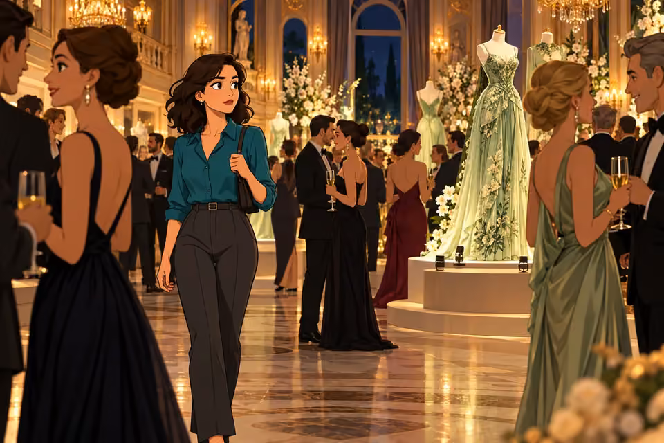 Cartoon illustration of seraphina scans the guests as she walks through the mansion’s evening fashion exhibit.