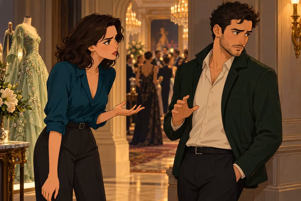 Cartoon illustration of seraphina questions an evasive Luc beside the evening exhibit.