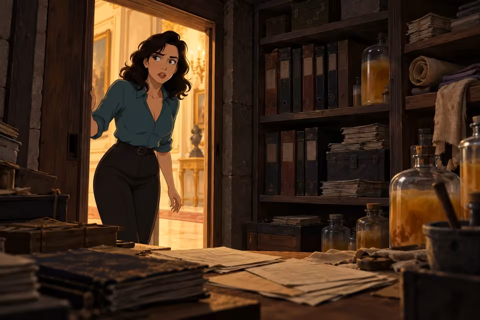 Cartoon illustration of seraphina enters a concealed room containing documents and suspicious chemical containers.