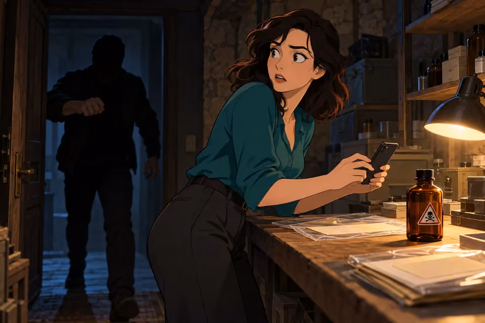 Cartoon illustration of an unidentified figure approaches behind Seraphina as she documents the chemical evidence.