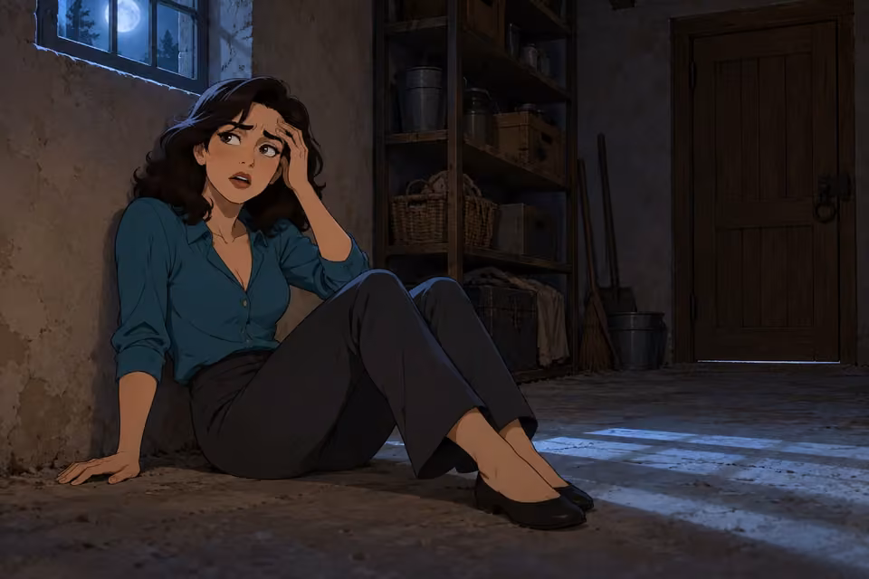 Cartoon illustration of seraphina sits on the floor of a dark room, touching her aching temple as she regains consciousness.