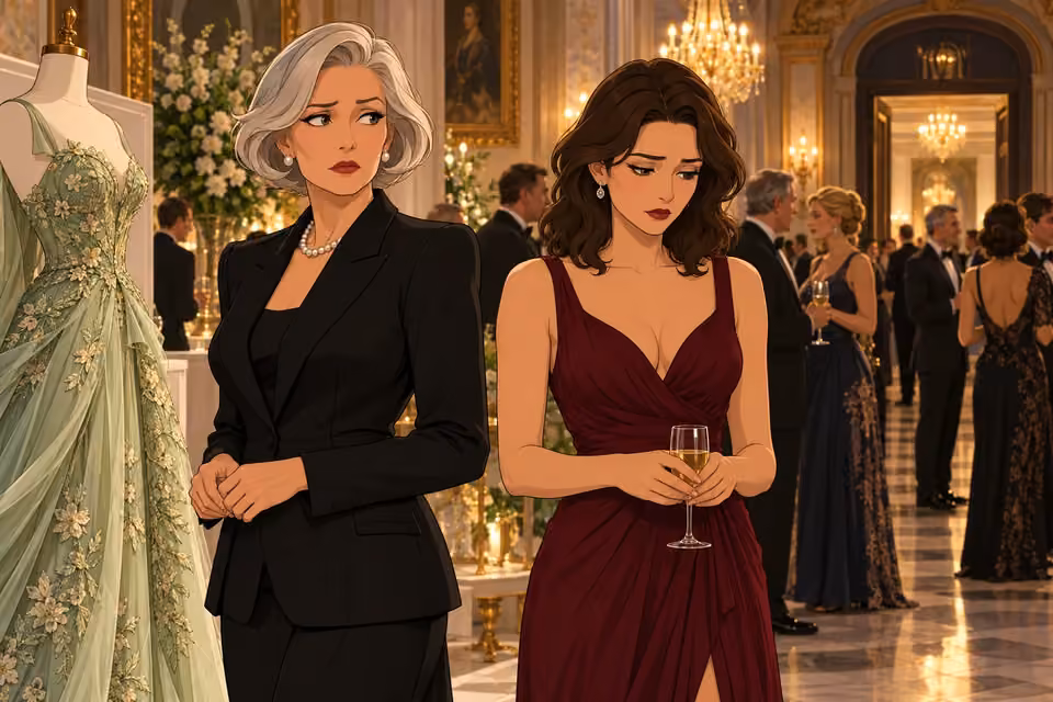 Cartoon illustration of isabelle glances anxiously toward a doorway while Celeste remains withdrawn beside her.
