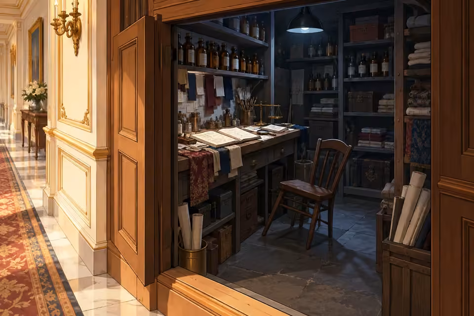Cartoon illustration of an open panel reveals chemical bottles and documents abandoned in the concealed room.