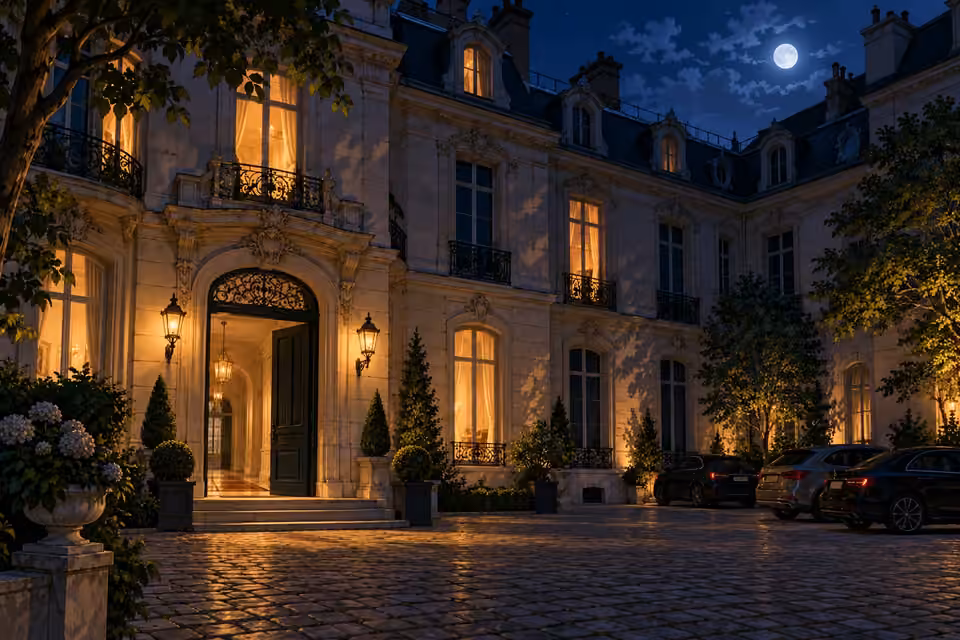 Cartoon illustration of the Laurent mansion stands quiet under moonlight after the troubled exhibit.
