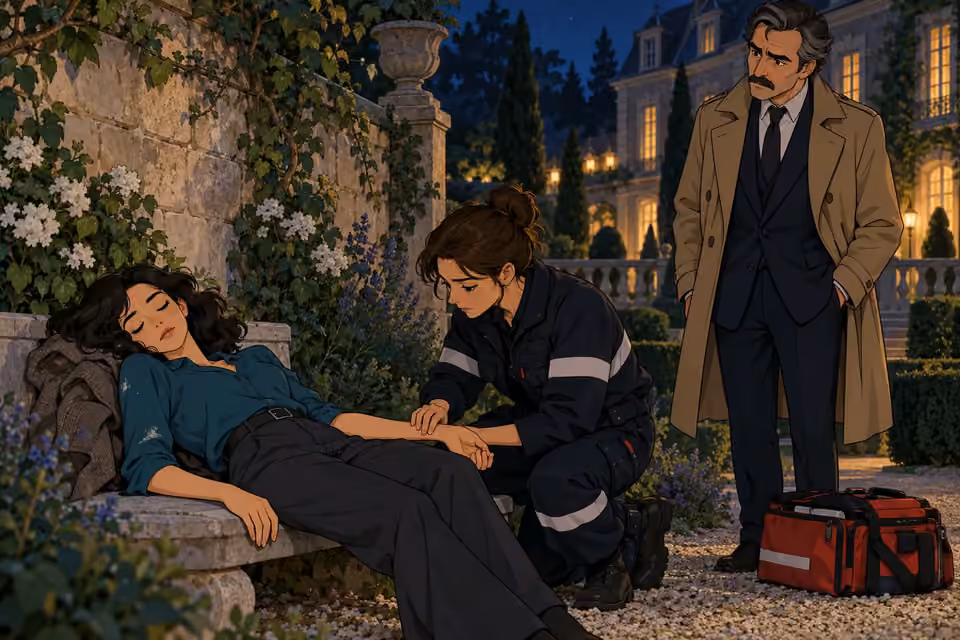 Cartoon illustration of a paramedic attending the unconscious Seraphina in the mansion garden while Detective Dubois watches.