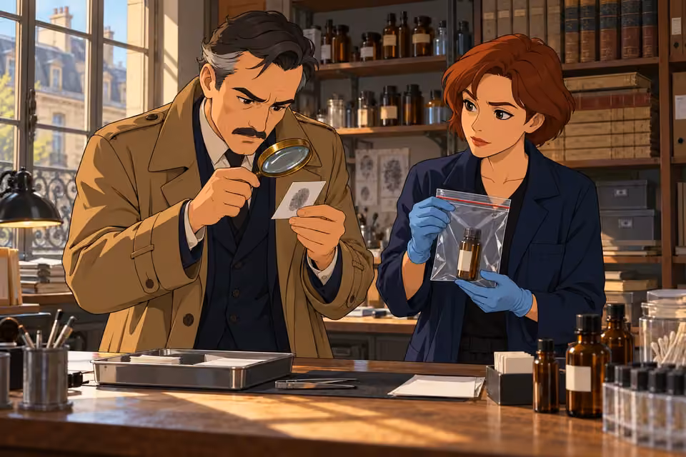 Cartoon illustration of dubois examines a fingerprint lift while a forensic technician holds a bagged bottle in the hidden room.