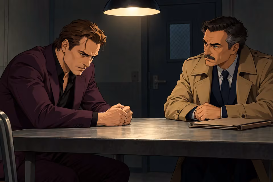 Cartoon illustration: Thierry faces Detective Dubois across an interrogation table.