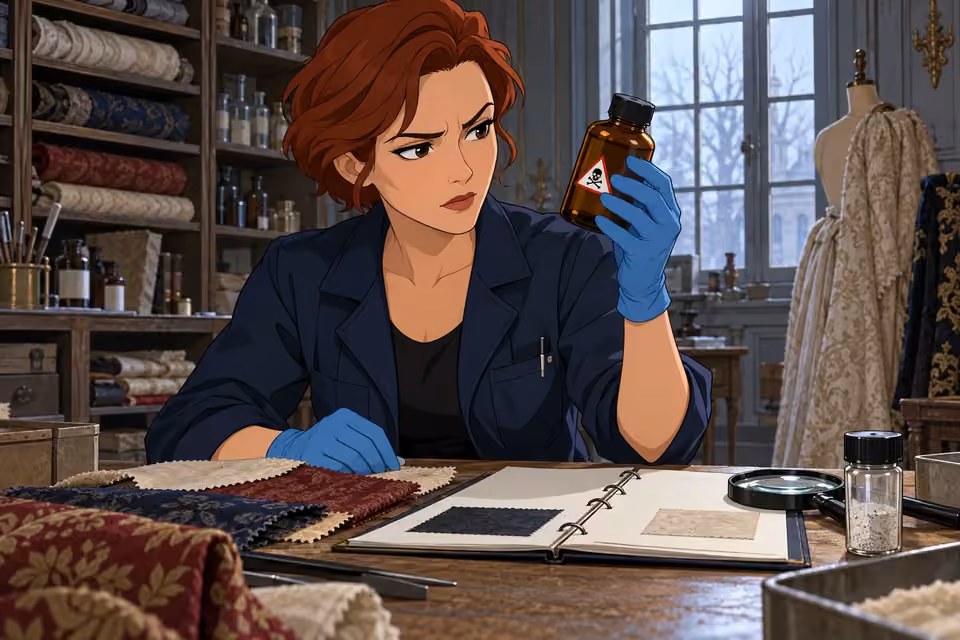 Cartoon illustration: A forensic technician examines the toxic fabric-treatment evidence.
