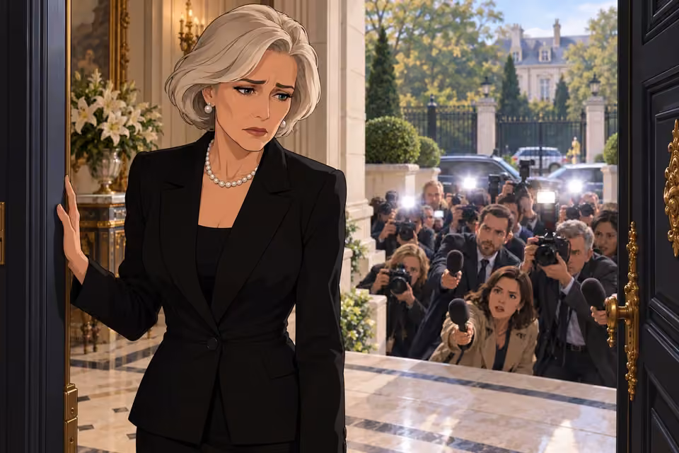 Cartoon illustration: Isabelle stands at the mansion entrance as reporters crowd outside.