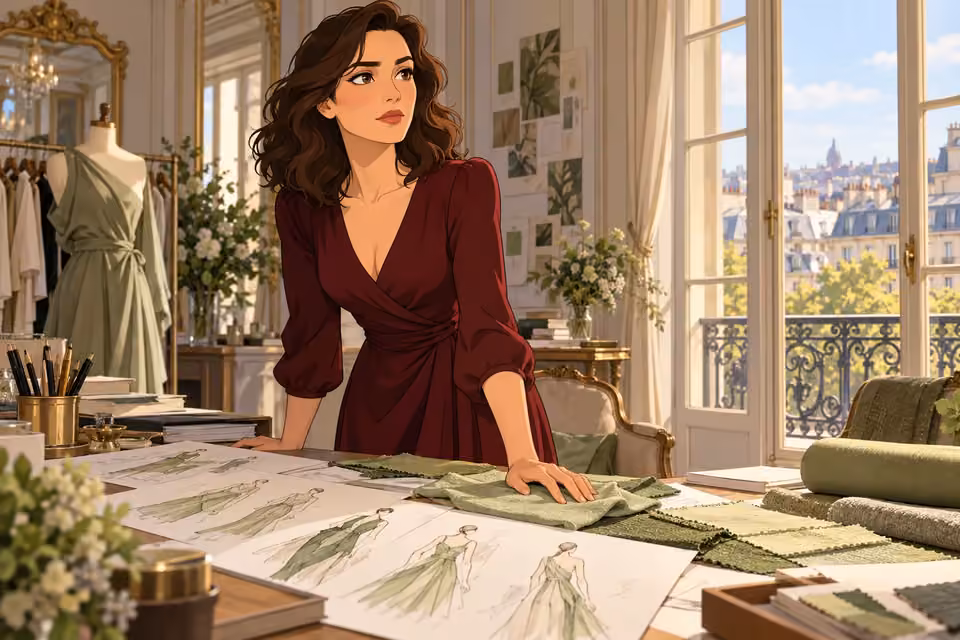 Cartoon illustration: Celeste considers sustainable fabric and clothing sketches at a worktable.