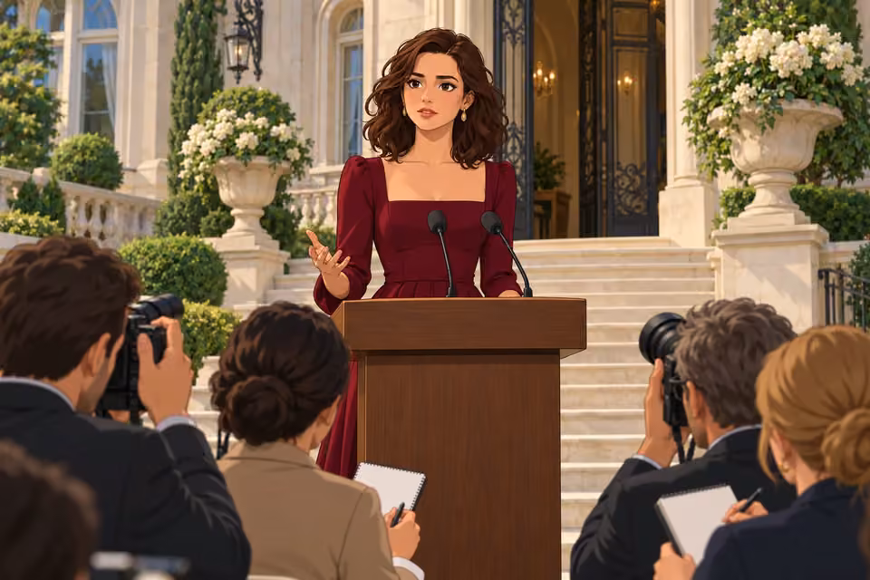 Cartoon illustration: Celeste speaks candidly to reporters outside the Laurent mansion.