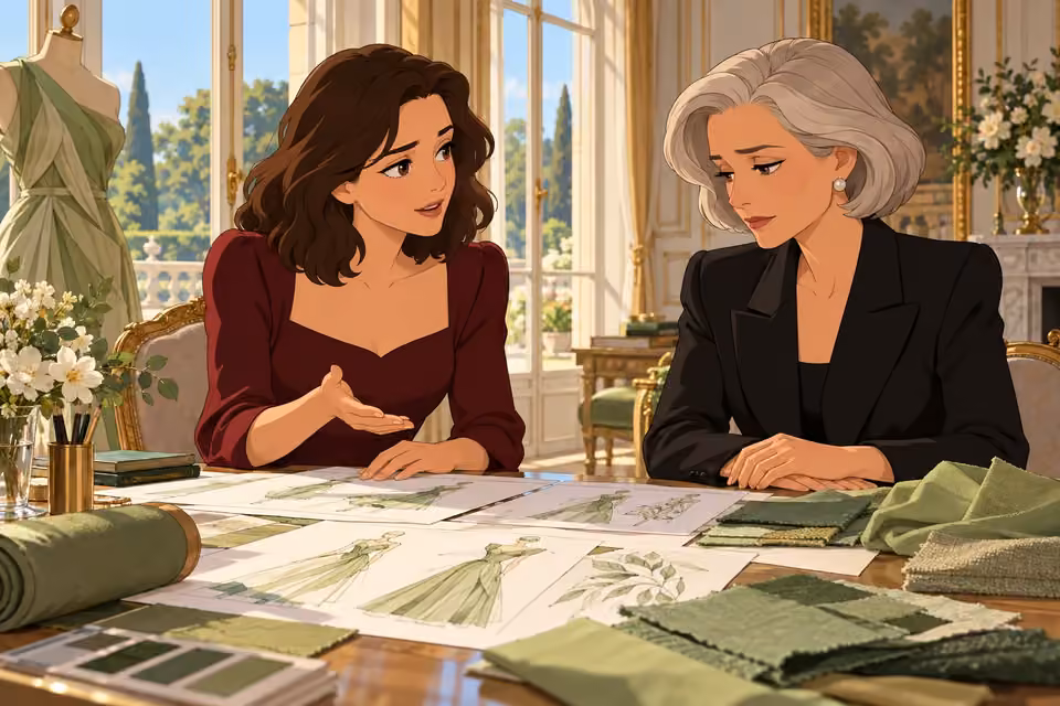 Cartoon illustration: Isabelle reluctantly supports Celeste’s sustainable plans at the worktable.