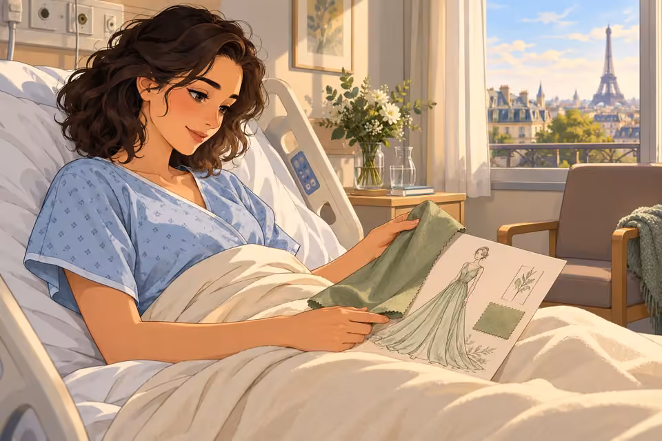 Cartoon illustration: Seraphina rests in hospital with a fabric sample and design sketch.