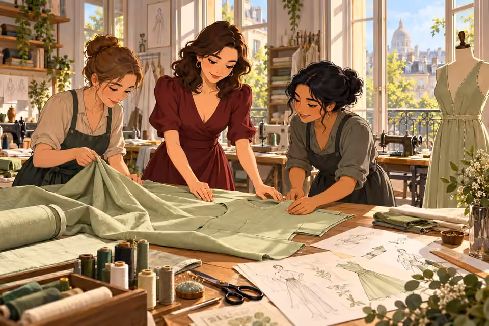Cartoon illustration: Celeste and atelier workers begin making garments from sustainable fabric.
