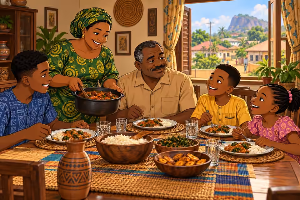 Kayode, Folake and their three children share a warm meal in their Ogbomoso home.