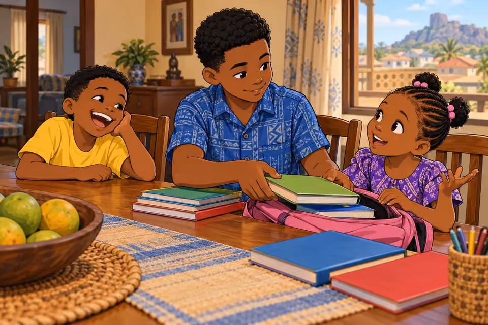 Adebisi helps Morayo arrange schoolbooks while Ifedayo laughs beside them.
