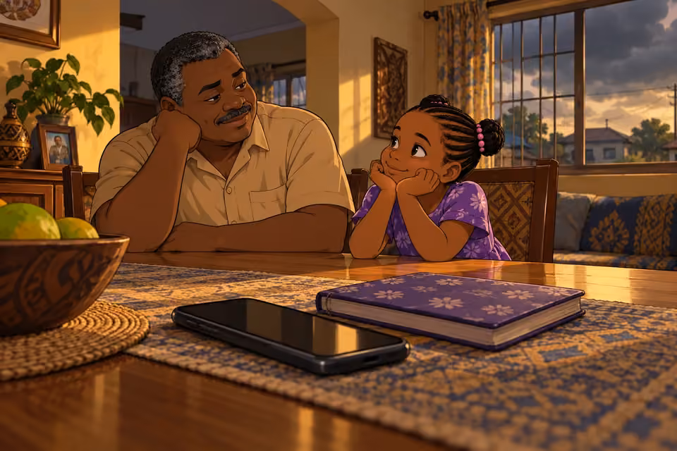 A phone and notebook lie on the table as Kayode and Morayo share a quiet moment.