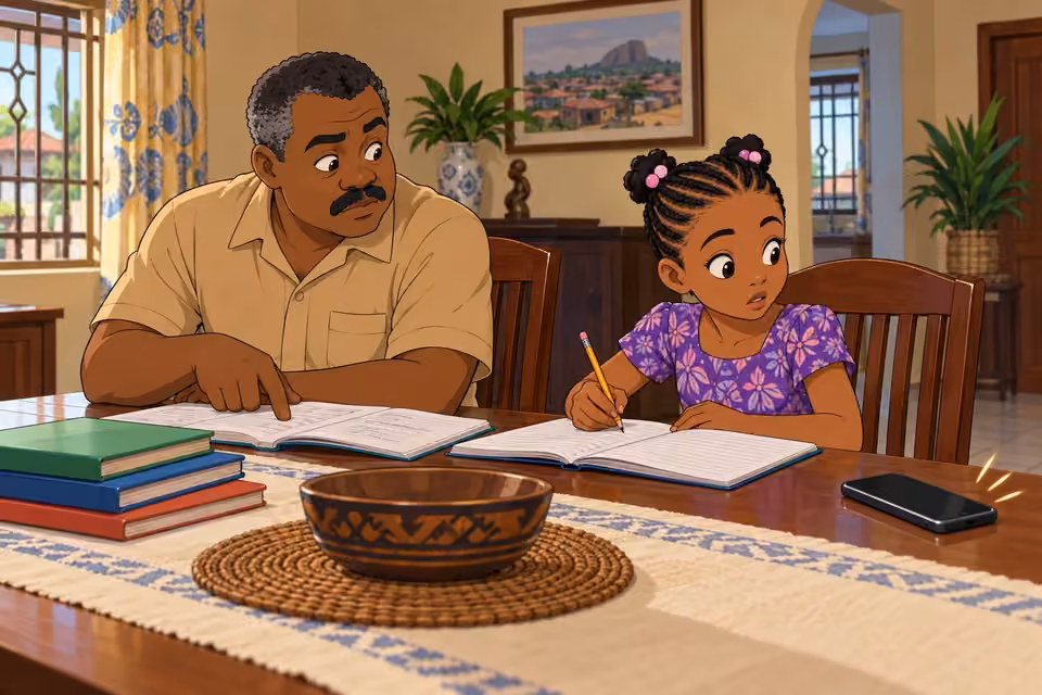 Kayode and Morayo turn toward a ringing phone during homework time.