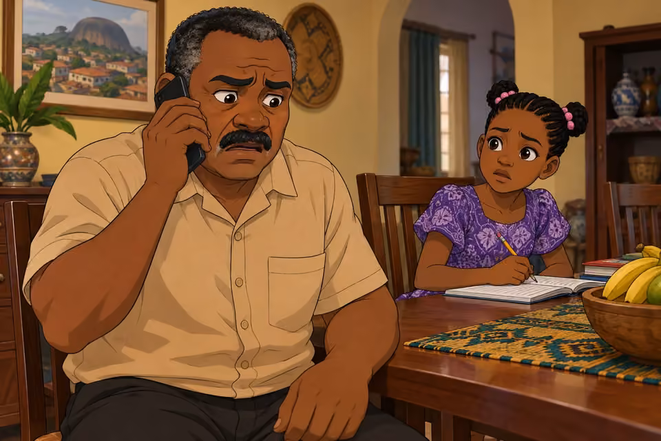 Kayode listens fearfully to a phone call while Morayo watches him.
