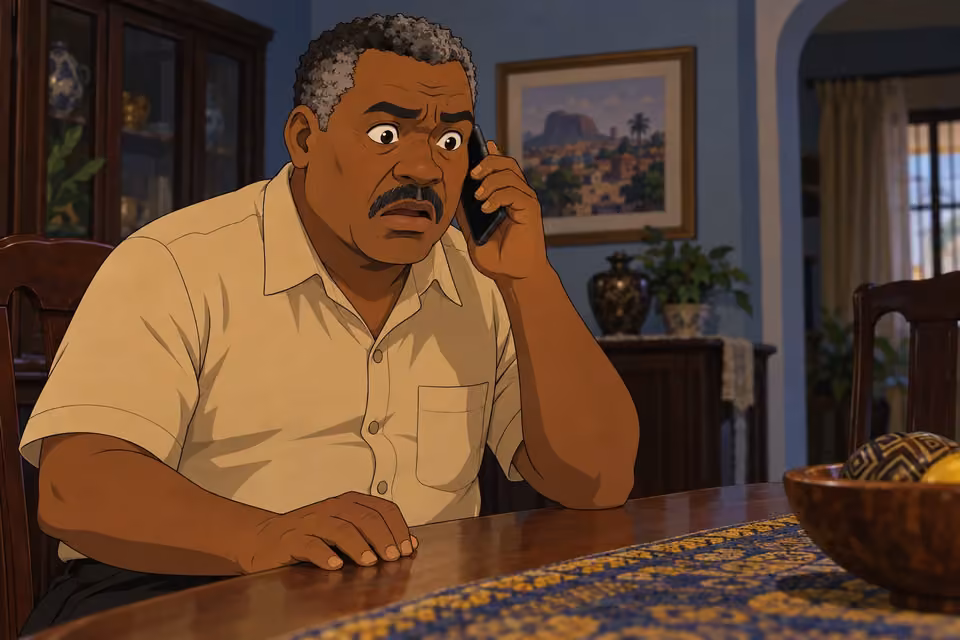 Kayode's expression changes as he hears that there has been an accident.