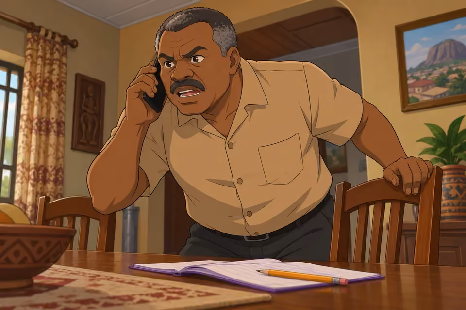 Kayode leans forward and urgently questions the caller.