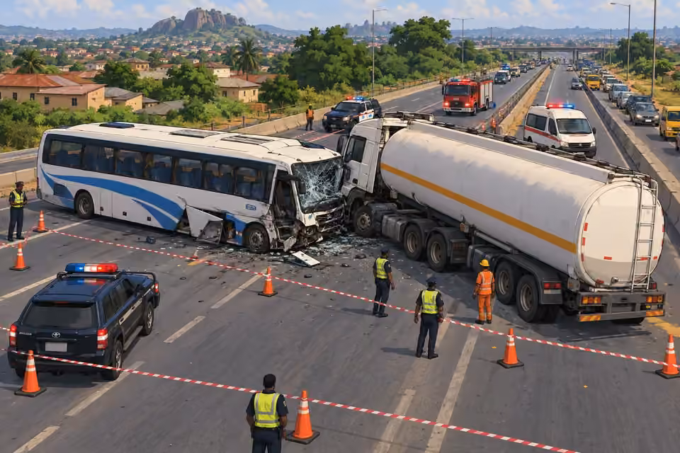 Emergency workers surround a damaged bus and tanker on the expressway.