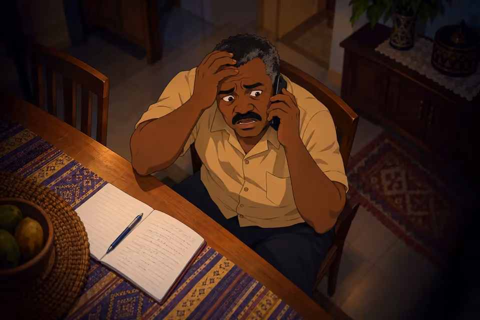 Kayode holds his forehead while struggling to understand the news on the phone.