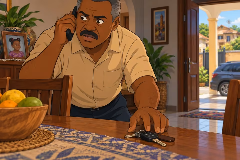 Kayode reaches for his keys as the caller urges him to come to the hospital.