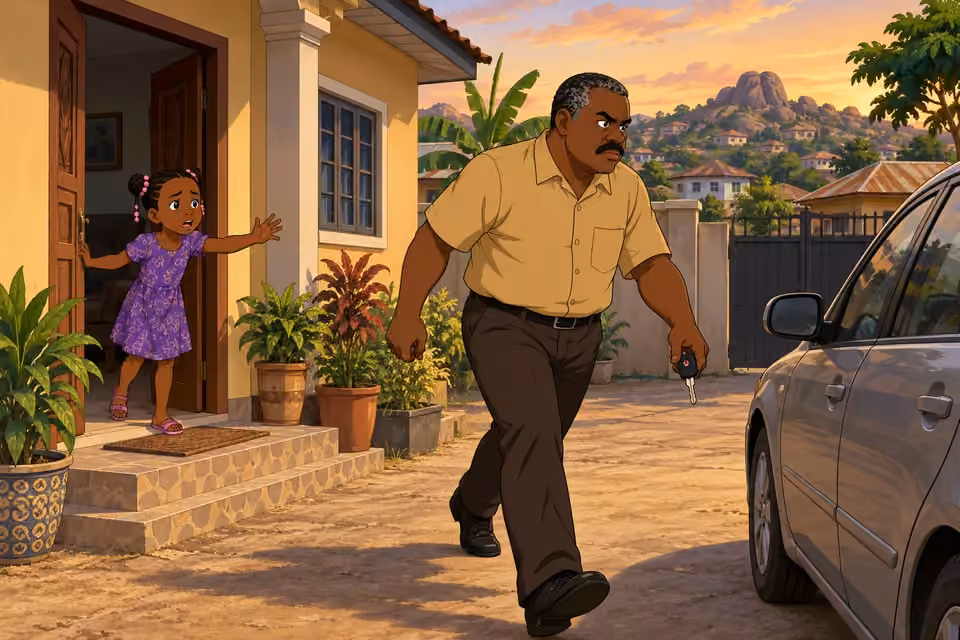 Kayode hurries to his car while Morayo calls after him from the doorway.