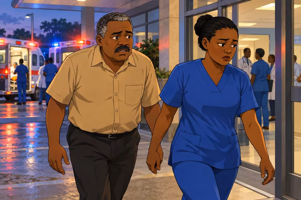 A nurse leads a frightened Kayode into the hospital past waiting ambulances.